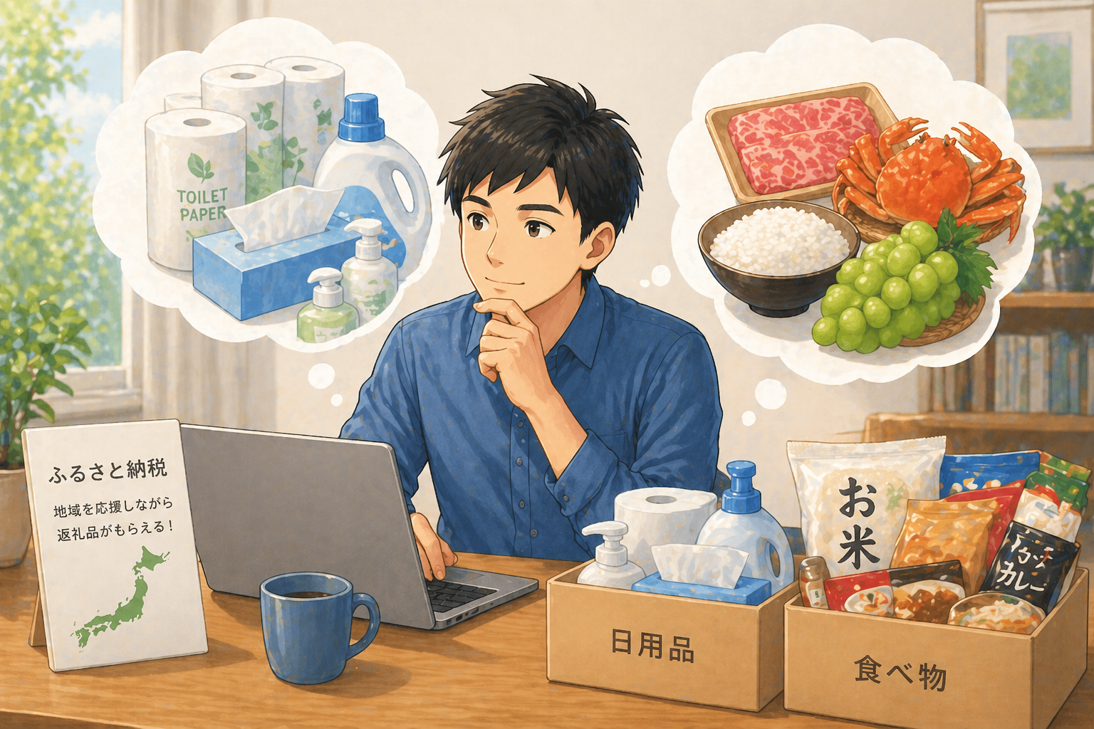 ふるさと納税で日用品や食品を選んで生活費を削減するイメージ