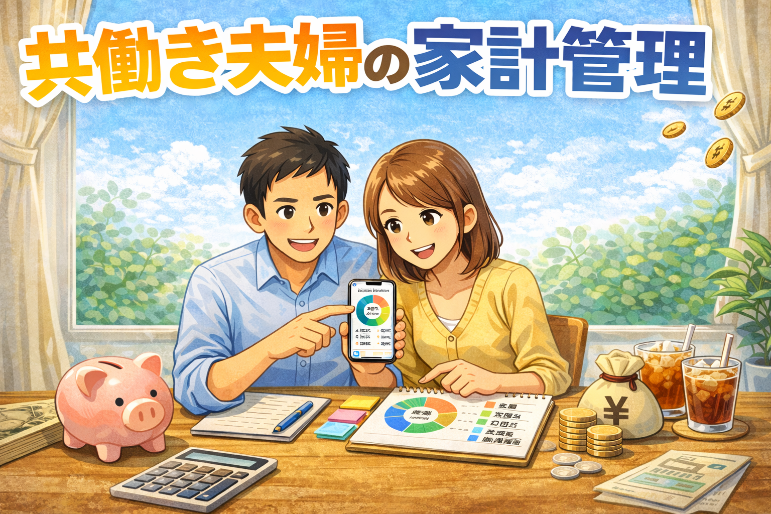 共働き夫婦が家計管理の方法を確認するイメージ