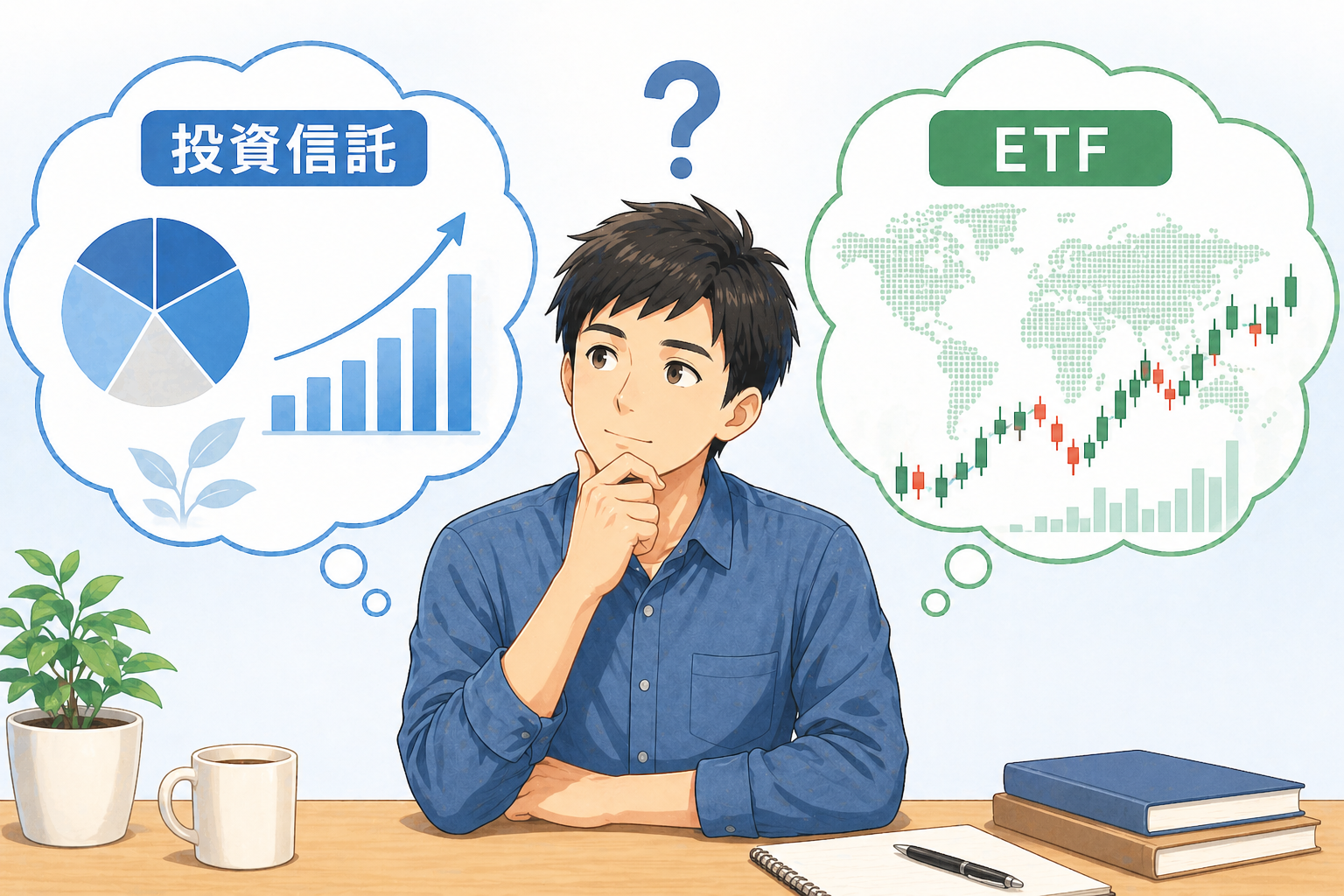 積み立て投資信託とETFを比較検討するイメージ