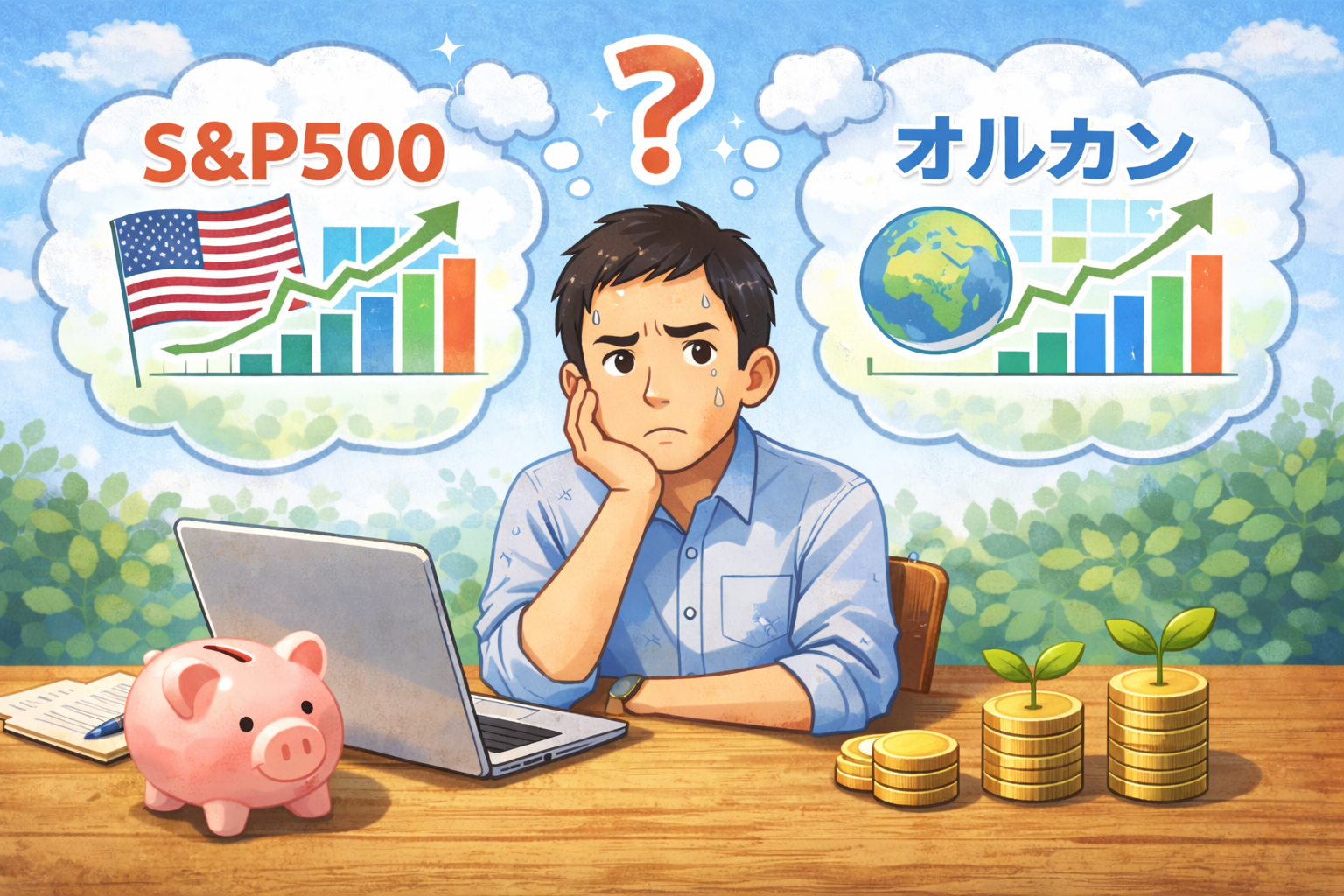 S&P500とオルカンどちらに積み立てるか比較するイメージ