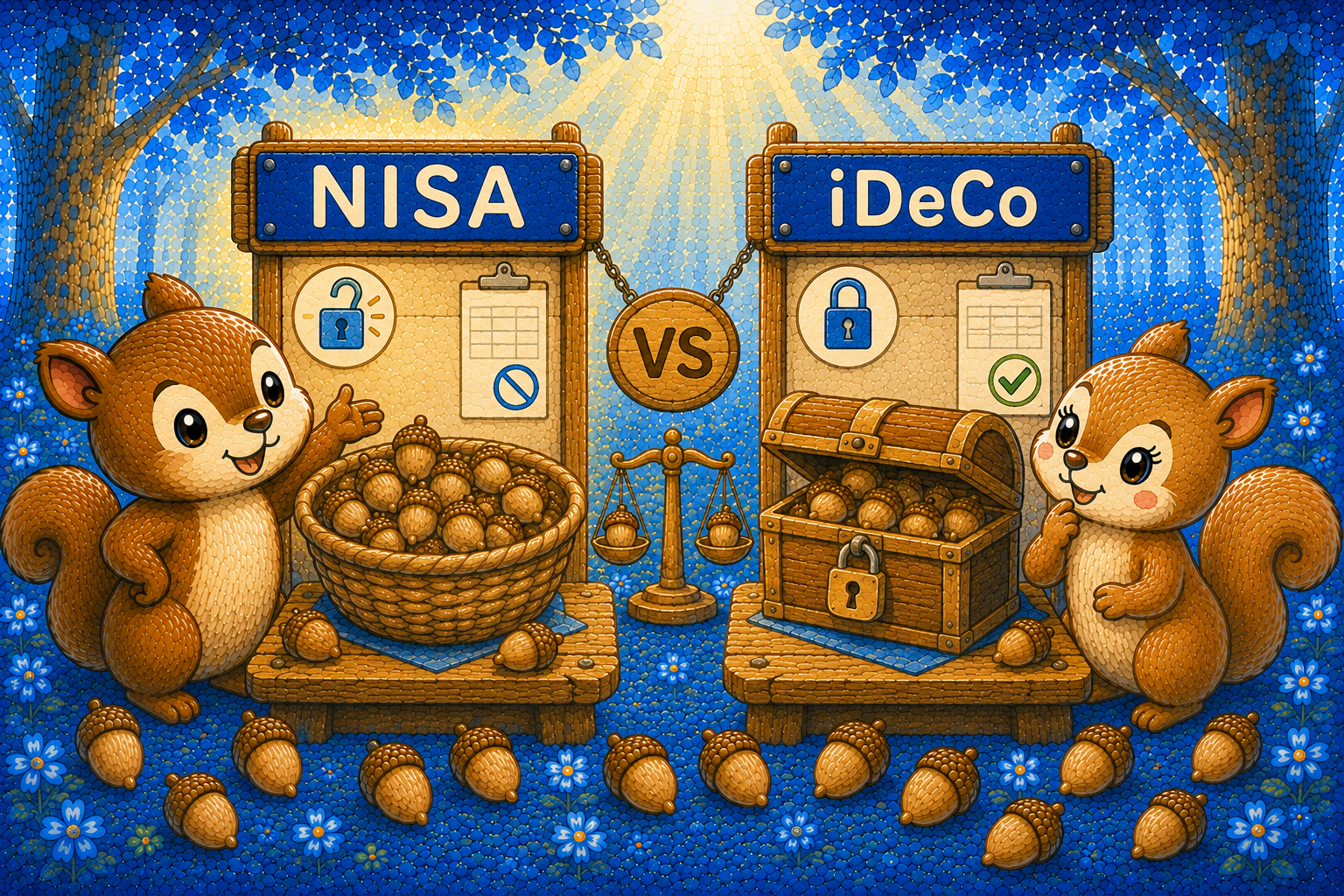 新NISAとiDeCoを比較してどちらを優先するか考える2匹のどんぐりリス