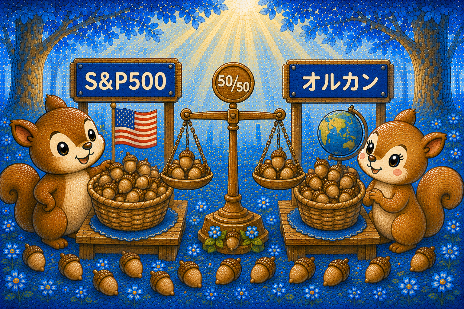 S&P500とオルカンを6年間半々で買い続けた結論を見せる2匹のどんぐりリス