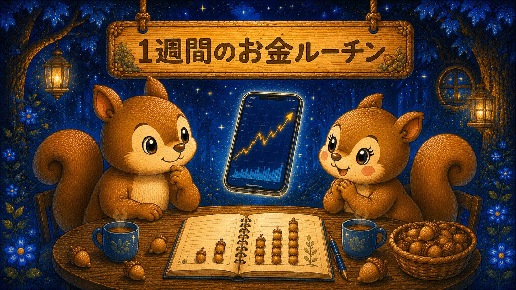 1週間のお金ルーチンを語り合う、青い森のテーブルに座った2匹のどんぐりリスとスマホの株価チャート