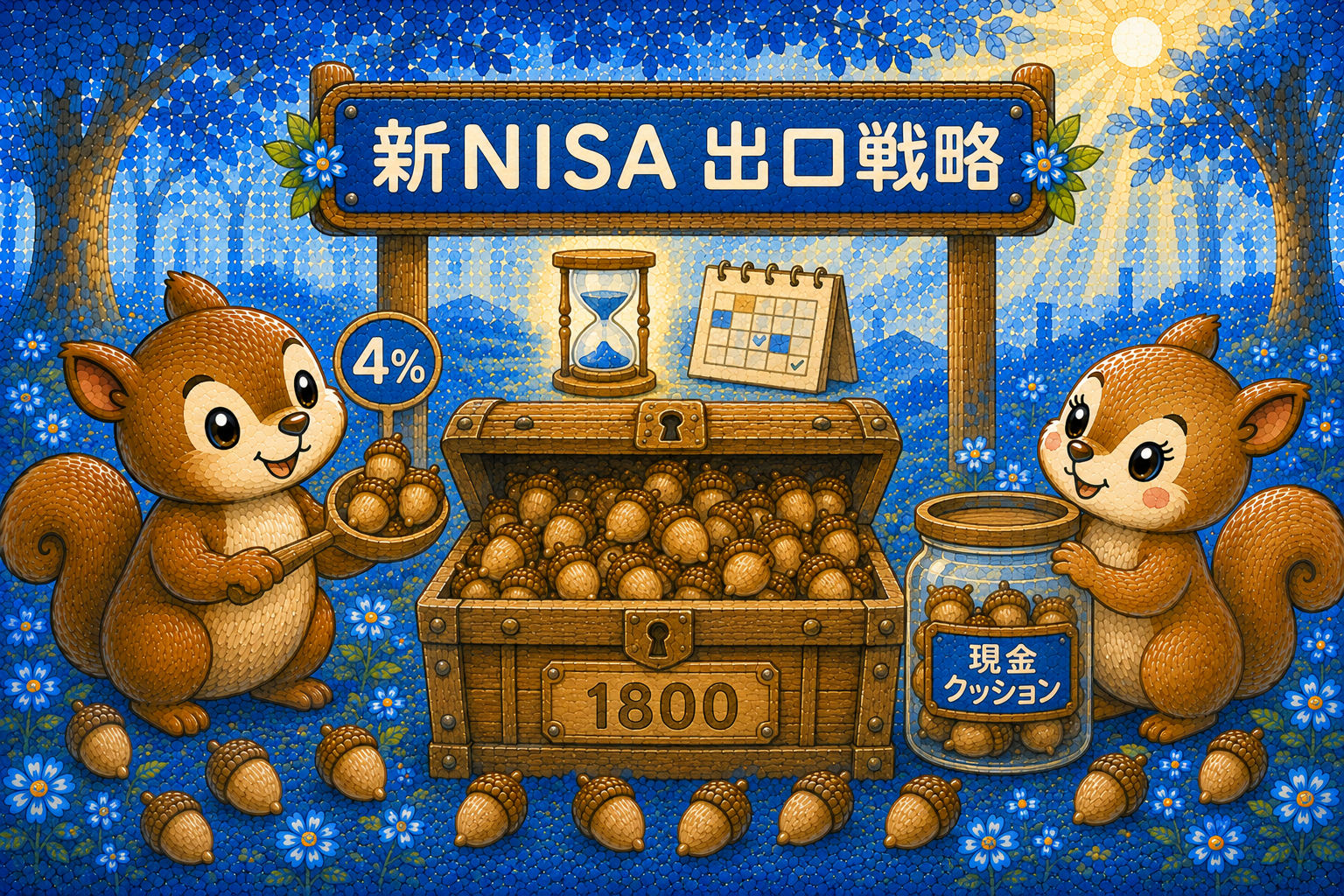 新NISAの出口戦略を考える2匹のどんぐりリス(4%ルール定率取り崩しと現金クッション)