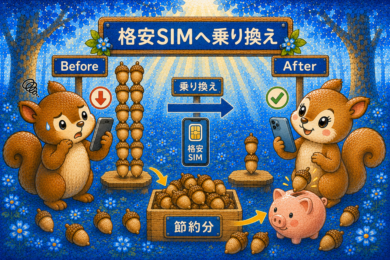 大手キャリアから格安SIMへの乗り換えで通信費を削減する2匹のどんぐりリス